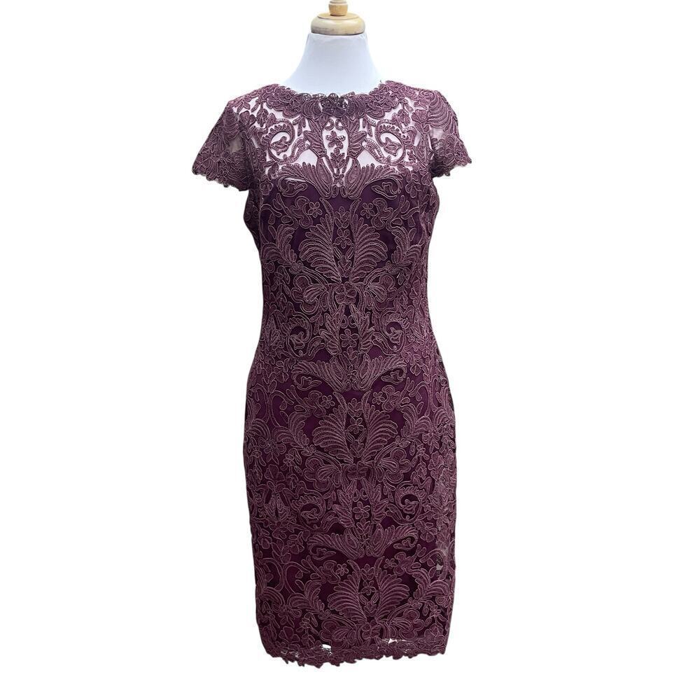 Tadashi Shoji Illusion Yoke Lace Sheath Dress Blackberry Burgundy - Size 12 - Picture 2 of 16